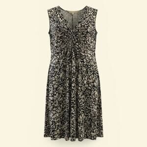 Michael Kors Women’s Large Ruched Front Sleeveless Dress Black Beige Stretch Mid